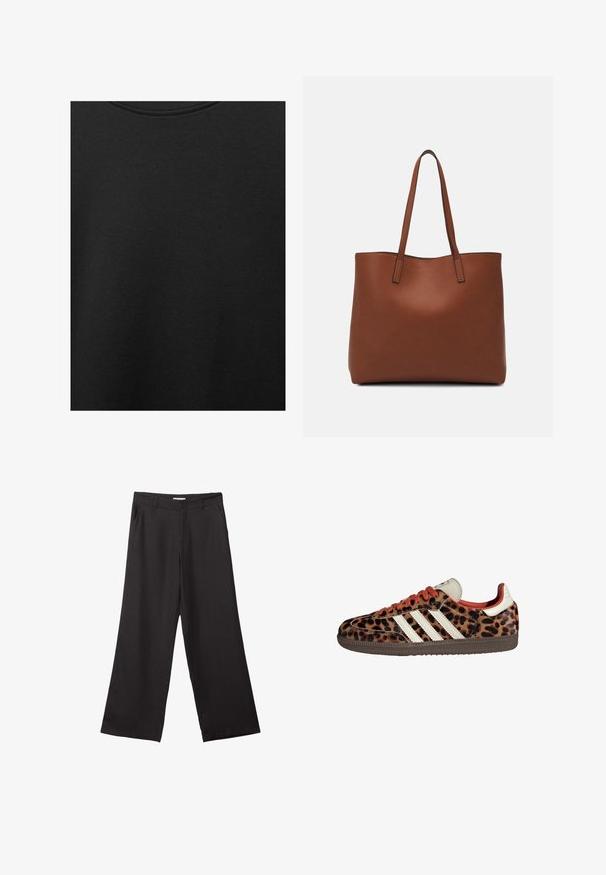 Schwarzer Baumwollstoff mit glatter Textur und Rundhalsausschnitt, der ein dezentes, gleichmäßiges Strukturmuster aufweist. Keine sichtbaren Logos oder Akzente.; Schwarze weite Hosen aus glattem Stoff, mit einem Reißverschluss vorne und zwei seitlichen Taschen, maßgeschneiderter Passform und minimalistischem Design.; Sneaker im Leopardenmuster aus Wildleder mit roten Schnürsenkeln und drei weißen Streifen an der Seite. Sie haben eine cremefarbene Zunge und eine braune Sohle.; Braune Leder-Tote mit glatter Textur, offenem Oberteil und zwei Schulterriemen. Verfügt über minimale Nähte und keine sichtbaren Beschläge.