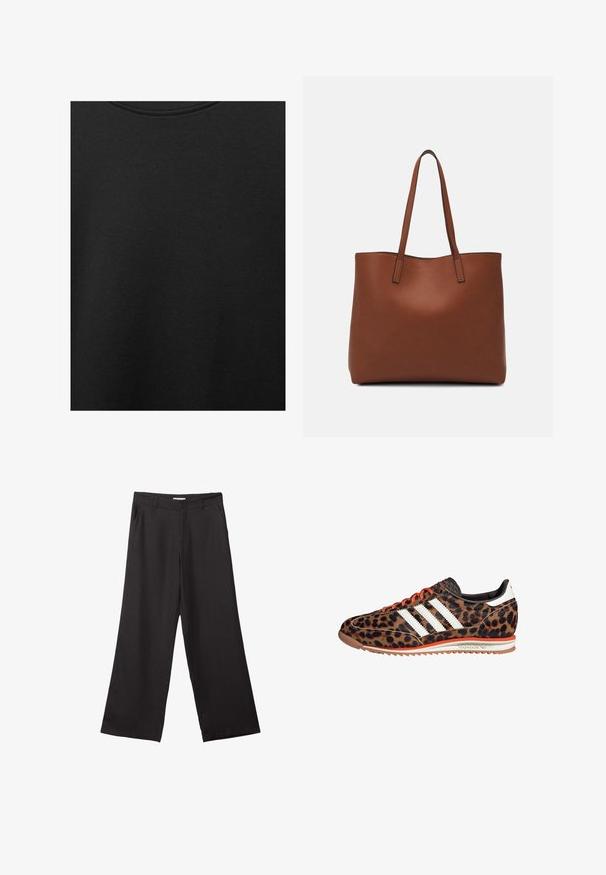 Musta puuvillakangas, jossa on sileä pinta ja pyöreä pääntie, ominaisuutena hienovarainen ja tasainen rakennekuvio. Ei näkyviä logoja tai korostuksia.; Mustat leveälahkeiset housut, jotka on valmistettu sileästä kankaasta. Niissä on edessä vetoketju ja kaksi sivutaskua, ja niiden muotoilu on räätälöity ja minimalistinen.; Tennarit leopardikuvioisella pinnalla, joissa on kolme valkoista raitaa, oranssit nauhat, ruskea tekstiilipinta, teksturoitu kanta ja kumipohja, jossa on kontrastivärit.; Ruskea nahkainen olkalaukku, jossa on sileä pinta, avoin yläosa ja kaksi olkahihnaa. Omaavat vain minimaalisen ompelun eikä näkyvää metalliosaa.