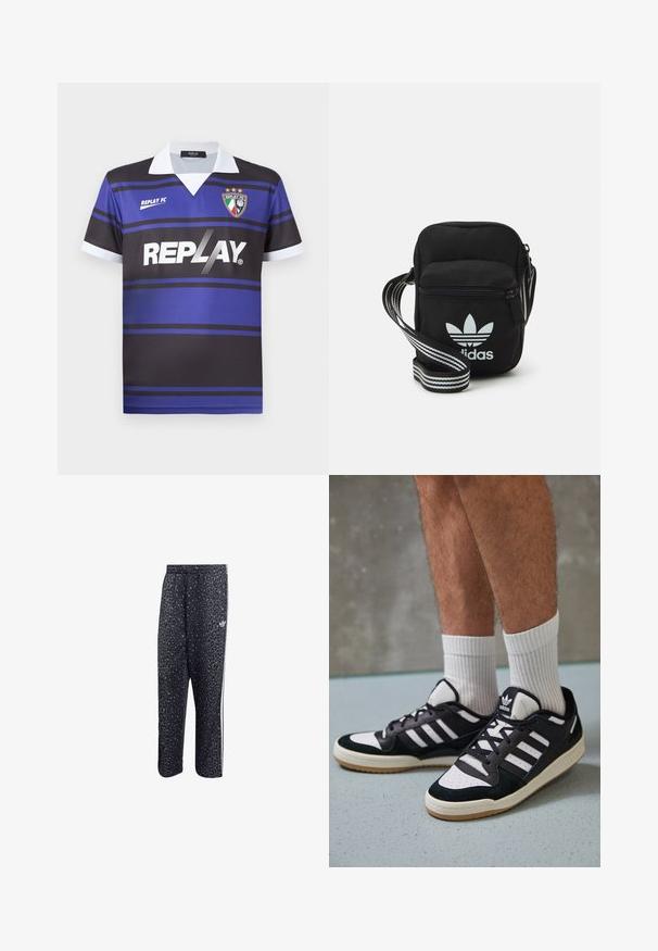 Zwart en blauwe voetbalshirt met horizontale strepen, witte kraag en "REPLAY" logo. Bevat een schildembleem met sterren erboven.; Zwarte sportbroek met een luipaardpatroon, voorzien van een witte drie-strepenontwerp en een logo van een sportmerk aan de zijkant.; Zwart-witte sneakers met een bovenwerk van suede en leer, voorzien van drie witte strepen, een geperforeerde neus en een rubberen gumzool.; Zwarte stoffen schoudertas met een ritssluiting, voorzien van een wit Adidas-logo en een gestreepte, verstelbare schouderband voor gemakkelijk dragen.