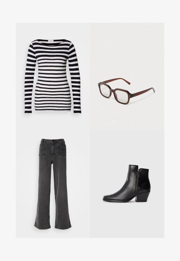 Garais piedurkņu melnbaltā svītrainā krekls ar plašu apkakli. Izgatavots no mīksta auduma, ar vienmērīgām horizontālām svītrām.; Augstas vidukļa, plata kāju melnas džinsus, kas izgatavoti no denima, ar pogu aizdari, jostas cilpiņām un divām aizmugurējām kabatām ar izšūtiem akcentiem.; Melna ādas potītes zābaciņš ar smailu purngalu, sānu rāvējslēdzēju un masīlu papēdi. Gluda tekstūra un minimālistisks dizains.; Brūni caurspīdīgi taisnstūrveida briļļu rāmis ar caurspīdīgiem lēcām, ar vieglu violetu atspulgu un maziem zeltītu dekoriem priekšējās stūrītēs.; Sudraba gredzena auskari ar gludu, pulētu apdari. Apaļa forma ar nedaudz izliekta dizaina un sajauktām malām. Ar tapu aizdari.