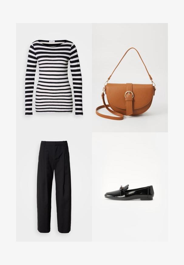 Majica dugih rukava s crno-bijelim prugama i širokim izrezom. Izrađena od mekanog materijala, s ravnim horizontalnim prugama.; Crne hlače s opuštenim krojem, nabranim prednjim dijelom i petljama za remen. Glatka tkanina i ravne nogavice, s bočnim džepovima.; Crni lakirani loafer s ravnim potplatom, zaobljenim prstom i ukrasnom trakom s zlatnim akcentom. Glatka, sjajna površina.; Smeđa kožna torba preko tijela s zakrivljenim oblikom, zlatnim metalnim detaljima i naglaskom na kopču. Ima odvojivu naramenicu.