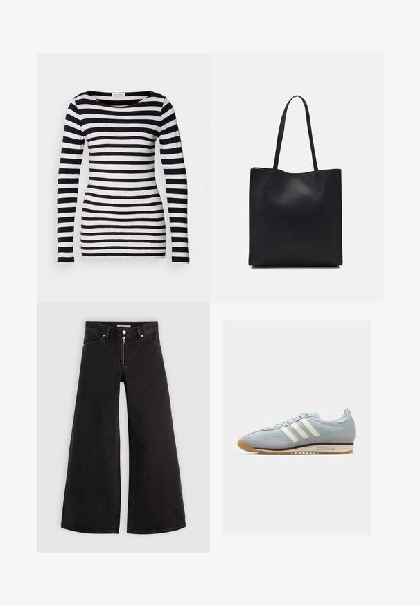 Hosszú ujjú fekete-fehér csíkos póló széles nyakkivágással. Puha anyagból készült, egyenletes vízszintes csíkokkal.; Fekete denim széles szárú farmer, cipzáros elejével, öt zsebes kialakítással és diszkrét varrással. Sima textúra és laza stílus.; Világoskék velúr sneaker fehér három csíkkal, gumitalppal és texturált hálós anyaggal. Jellemzője a sima orr-rész és a logó a saroknál.; Fekete bőrtáska sima felszínnel, téglalap alakú, két hosszú füllel. Nincs látható fémkiegészítő vagy díszítés.