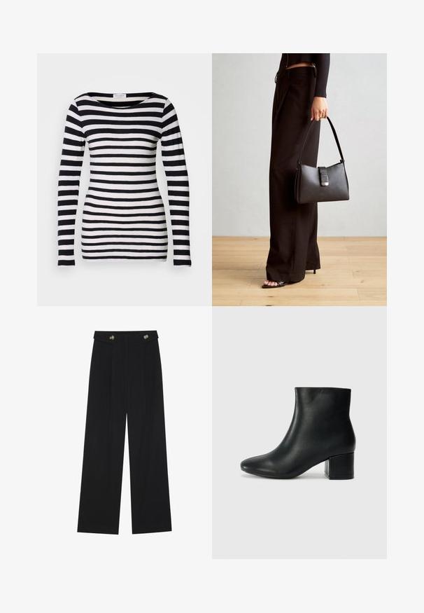 Långärmad svart och vit randig skjorta med en bred halsringning. Tillverkad av mjukt tyg, med jämna horisontella ränder.; Svarta vida byxor med hög midja, knäppdetaljer i midjan och framfickor.; Svarta läderankelstövlar med spetsig tå och kraftig klack. Slät textur med minimala accenter och en stilren, åtsittande design.; Svart handväska med strukturerad form, slät yta och metallspänne. Matchad med vida svarta byxor och sandaler med öppen tå på trägolv.