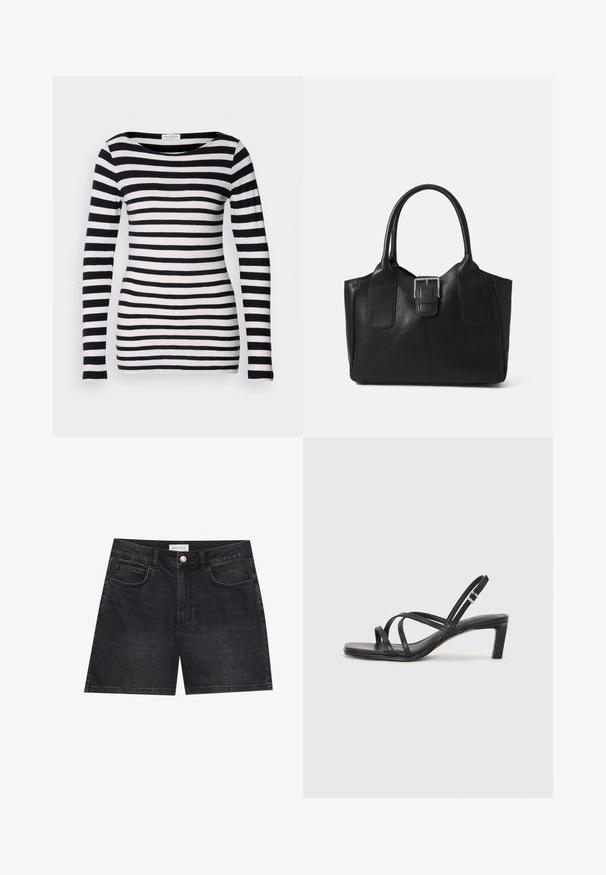 Camicia a maniche lunghe a righe bianche e nere con un ampio scollo. Realizzata in tessuto morbido, presenta righe orizzontali uniformi.; Shorts in denim nero con un classico design a cinque tasche, chiusura con un singolo bottone e taglio dritto. Tessuto liscio con dettagli di cucitura sottili.; Sandalo nero con cinturini, dalla punta squadrata e tacco basso a blocco. Presenta diversi cinturini sottili e una cinturini regolabile alla caviglia. Realizzato in pelle liscia.; Borsa tote in pelle nera con texture liscia, forma strutturata, due manici e un evidente dettaglio in fibbia argentata sul davanti.