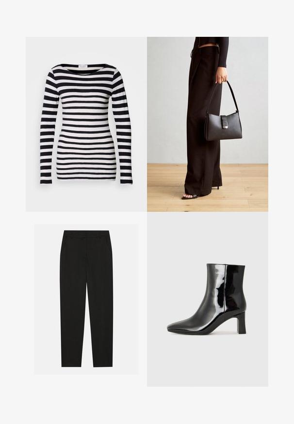 Camisa de rayas blanca y negra de manga larga con un escote amplio. Hecha de una tela suave, con rayas horizontales uniformes.; Pantalones negros con un diseño ajustado, que cuentan con bolsillos laterales y pierna recta. Fabricados con una tela suave y liviana con un acabado elegante.; Botín de charol negro con punta afilada y un tacón de bloque de altura media. Textura suave y diseño minimalista.; Bolso negro con forma estructurada, textura suave y un cierre metálico. Combinado con pantalones anchos negros y sandalias de dedo en un suelo de madera.