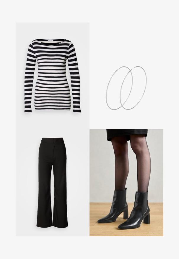 Long-sleeve black and white striped shirt with a wide neckline. Made of soft fabric, featuring even horizontal stripes.; Black wide-leg trousers with a smooth texture, high waist, and a clean design. No visible pockets or embellishments.; Black leather ankle boots with a pointed toe, chunky square heel, and sleek design. Features elastic side panels for easy wear.; Silver hoop earrings with a minimalist design. Circular shape, smooth texture, and thin profile. Lightweight with a polished finish.