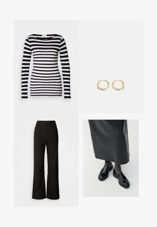 Long-sleeve black and white striped shirt with a wide neckline. Made of soft fabric, featuring even horizontal stripes.; Black wide-leg trousers with a smooth texture, high waist, and a clean design. No visible pockets or embellishments.; Black leather loafers with a smooth finish, featuring a decorative strap, round toe, and textured sole. Worn with a long black leather skirt.; Gold hoop earrings with a textured, irregular shape. Features a seamless closure and a polished surface finish, emphasizing a modern design.
