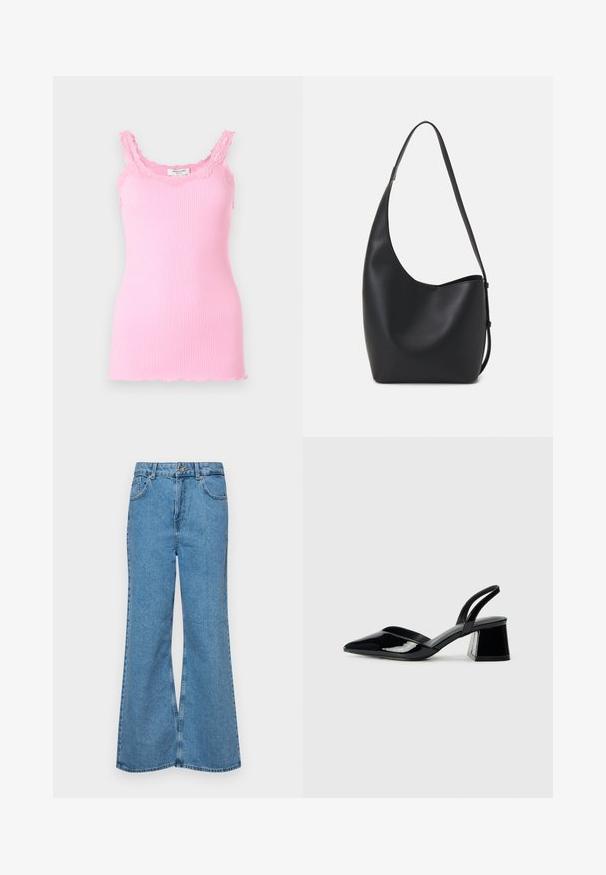 Roze ribbel tanktop met kantafwerking langs de halslijn en schouderbanden. Het heeft een getailleerd ontwerp en een licht rafelige zoom aan de onderkant.; Lichtblauwe flared jeans van denim, met een hoge taille, vijf zakken en een enkele knoopsluiting. Zachte textuur met een vervaagde afwerking.; Zwarte gepatineerde leren slingback hakken met een spitse neus en een geometrische blokhak. Kenmerkt zich door een slank, minimalistisch ontwerp en een gladde textuur.; Zwarte leren hobo tas met een gladde textuur, kromme vorm en een enkele verstelbare schouderband; heeft een brede opening aan de bovenkant.