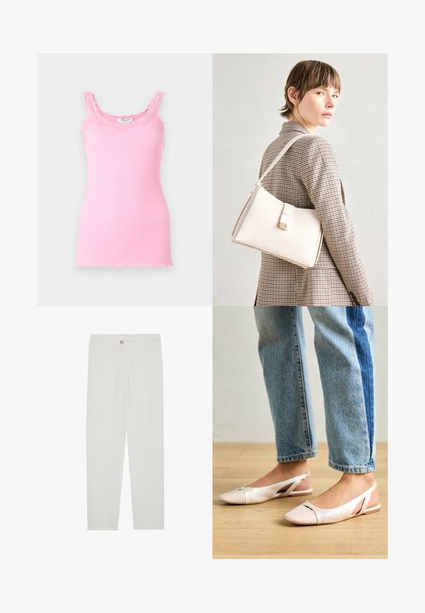 Rosa ribbestrikket tanktop med blonder langs halslinjen og stroppene. Har en tettsittende design og en lett slitt søm i bunnen.; Hvite, skreddersydde bukser med rette ben, med knapplukking, beltehemper og sidelommer; glatt tekstur.; Lys rosa slingback leiligheter med spiss tå, laget av et glatt, læraktig materiale. Har utskjæringer på sidene og lav hæl.; Hvit lær veske med en strukturert design, med magnetlås og skulderstropp, vist mot en nøytral bakgrunn.