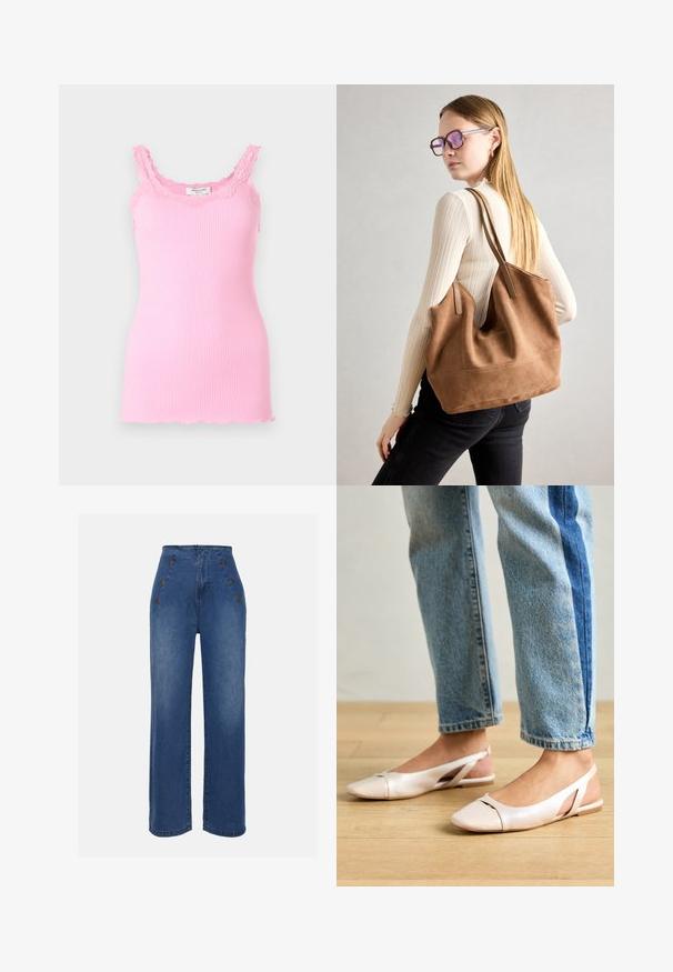 Top roz din stofă cu striții, cu dantelă la guler și la bretele. Are un design ajustat și o margine ușor despicată la baza.; Jeans din denim cu talie înaltă, de culoare albastru mediu. Prezintă accente cu buton în față și un design cu picioare late. Materialul are o textură netedă, cu o ușoară decolorare.; Sandalete plate de un roz pal cu vârf ascuțit, realizate dintr-un material asemănător pielii, neted. Prezintă detalii decupate pe laterale și un toc plat.; Geantă de umăr din suede maro, cu o textură moale, deschidere mare și curele lungi. Prezintă un design simplu, cu cusături vizibile și fără accesorii metalice.