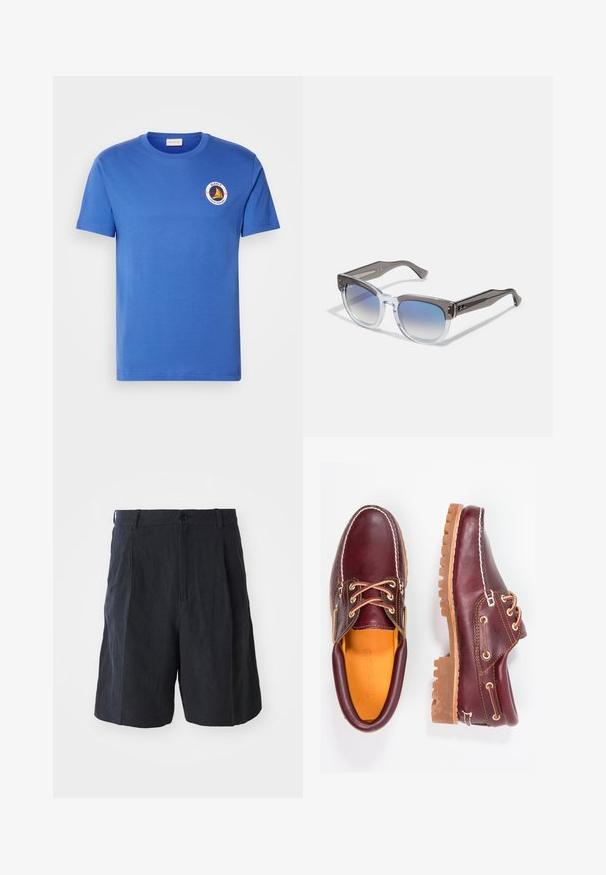 Mėlyna medvilninė marškinėlių su trumpomis rankovėmis, ant kairio krūtinės pusės suapvalintas logotipas baltos, geltonos ir juodos spalvų. Apvalus iškirpimas, įprastas kirpimas.; Weekday LOOSE SUIT - Šortai - black; Burgundi odiniai bateliai su rudais guminiais padais, apvaliu pirštu, balta siūle ir auksiniais inkarais. Interjere yra geltonas pamušalas.; Pilkos ir skaidrios rėmo saulės akinių kvadratinė forma, gradientinės mėlynos lęšiai, metalinės akcentai ant šventyklų. Lengvas materialas.