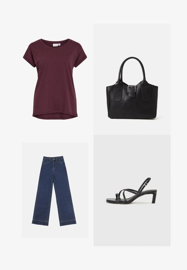 Burgundi lühikeste varrukatega T-särk, millel on ümmargune kaelus, veidi pikem seljaosa ja rullitud varrukad, valmistatud pehmest kangast.; Laiad püksid tumedast sinisest denimist. Omab viit taskut, vöölõke ja toore äärega allosas, kus on nähtavad õmblused.; Mustast rihmajalatsid ruudukujulise varba ja madala ploki kontsaga. Omab mitmeid õhukesi rihmasid ja reguleeritavat pahkluu rihma. Valmistatud siledast nahast.; Mustgamma nahast kott, millel on sile tekstuur, struktureeritud kuju, kaks käepidet ja esiküljel silmapaistev hõbedane pandla detail.; Hõbedane kahekordne rõngas sujuva, poleeritud pinnaga. Omab voolavat, kõverat disaini, millel on kattuvad sektsioonid, et saavutada kaasaegne ilme.