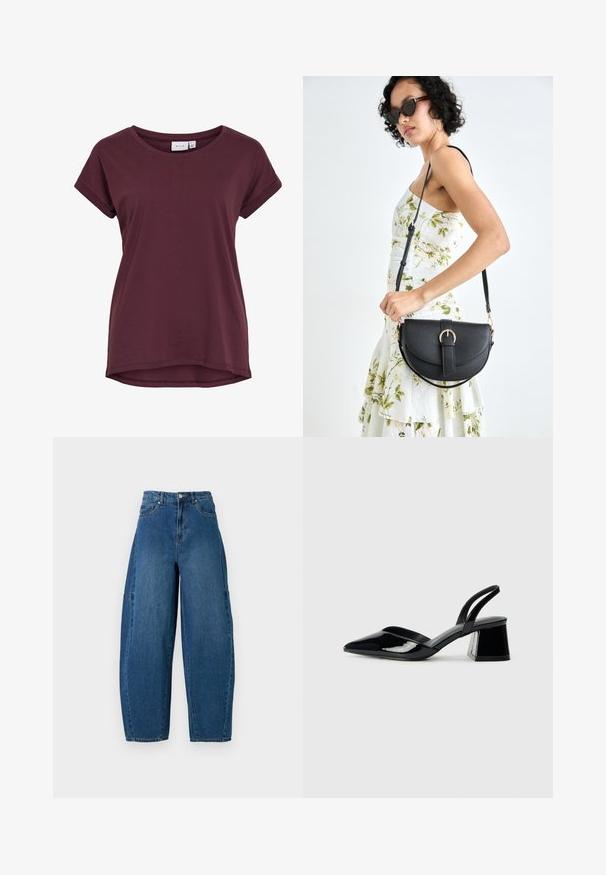 Burgundi színű, rövid ujjú póló, kerek nyakkivágással, enyhén hosszabb hátkarral és feltekert ujjal, puha anyagból készült.; Közepes kék mosású farmernadrág, magas derékkal, széles lábszárral és hagyományos öt zsebes kialakítással, látható varrási részletekkel.; Fekete lakk bőr szandálkés magas sarkú cipő, hegyes orral és geometrikus tömbsarkakkal. Karcsú, minimalista dizájn és sima textúra jellemzi.; Fekete bőrtáska ívelt formával, levehető pánttal és arany színű fémrészekkel. A táskán egy csattal díszített fedél található.