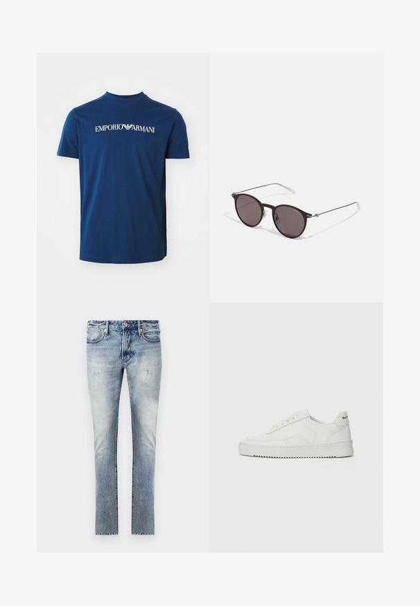 Tamsiai mėlyna medvilninė marškinėliai su apvalia kaklo linija, per krūtinę esantis baltas "EMPORIO ARMANI" logotipas. Trumpi rankovės, reguliariai prigludimas.; Šviesiai mėlyni džinsai su nuvalytu paviršiumi, aptemptas fasonas, penki kišenės ir kontrastingos siūlės.; Balti odiniai sportiniai bateliai su lygia apdaila, apvaliu pirštu, plokščiais raišteliais ir tekstūruotu padu. Pasižymi subtiliu logotipu ant kulno.; Juodos apvalios saulės akinių su tamsiais lęšiais ir plonomis metalinėmis šakomis. Įtraukti skaidrūs šventyklų galai ir sidabriniai akcentai vyrio srityje. Minimalistinis dizainas.