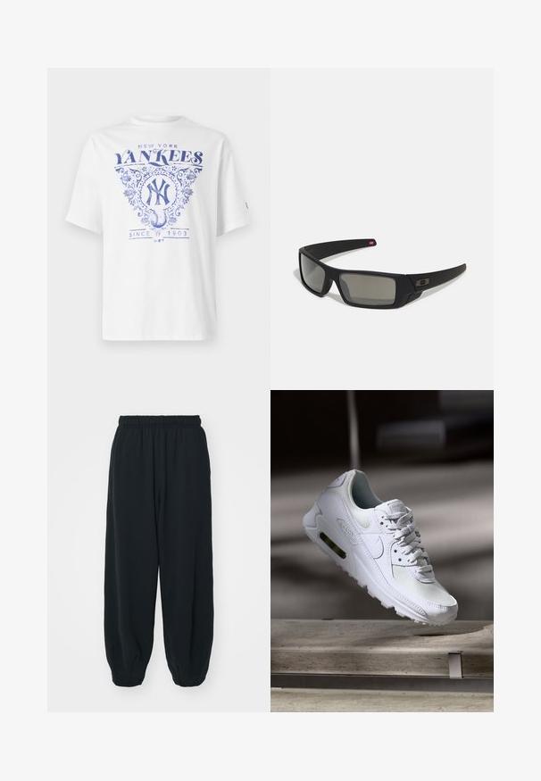 T-shirt branca com design impresso azul apresentando "New York Yankees," detalhes ornamentais e "Desde 1903" abaixo de um gráfico de basebol. Mangas curtas.; Calças de fato de treino pretas, com cintura elástica e um corte solto, com punhos nas pernas, textura suave e sem padrões visíveis ou detalhes de metal.; Sapatilha Nike Air Max 90 branca com parte superior em malha e couro, caixa de dedos perfurada e uma unidade de ar visível no calcanhar.; Óculos de sol pretos com acabamento mate, lentes retangulares, leve curvatura nas hastes, detalhe sutil do logo e lentes de cor fumada.