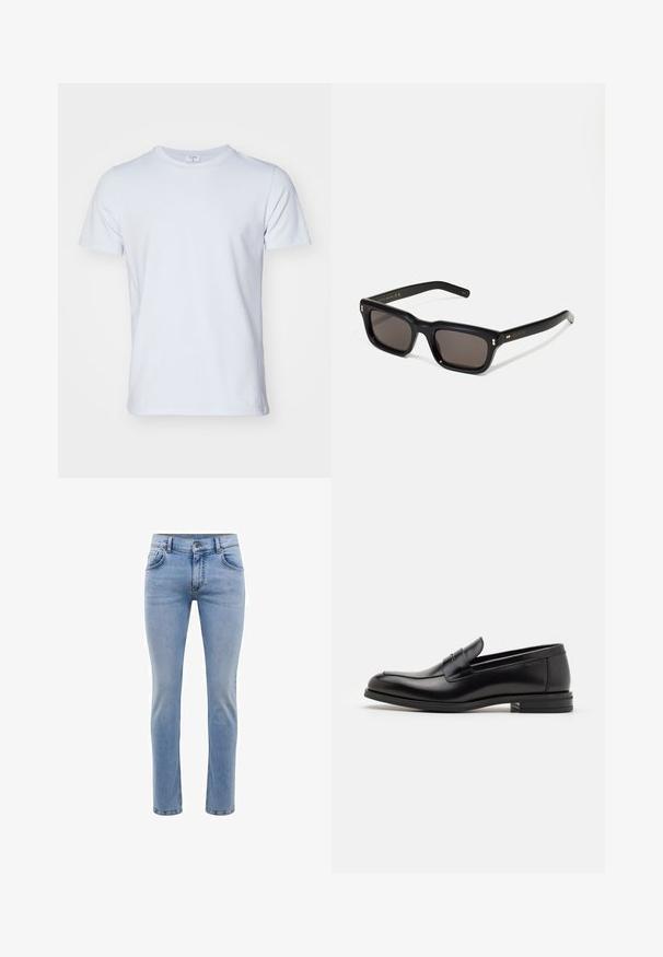 Filippa K TEE - Basic póló - ice blue; Világoskék farmernadrág, karcsú szabású, öt zsebes, egyenes lábbal. Cipzáros záródás és övhurkok jellemzik. Puha tapintású.; Fekete bőr loaferek sima textúrával, kerek orral és dekoratív pánttal a vampnál. Alacsony, rétegelt sarkú, minimalista dizájn.; Fekete téglalap alakú napszemüveg sötét lencsékkel, vastag műanyag keret, arany díszítések a szárakon, és a márka logója gravírozva a szára.