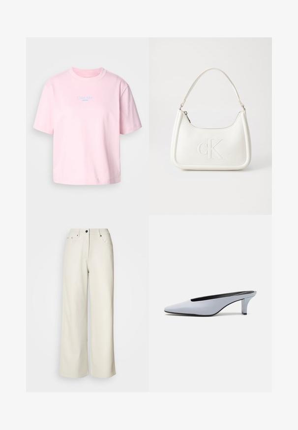 Rosa bomulls t-skjorte med rund hals, korte ermer, og en blå "Calvin Klein JEANS" logo plassert sentralt på brystet.; Kremfargede vide bukser laget av glatt stoff. Har en midje med middels høyde, glidelås foran, og to frontlommer med svarte detaljer.; Lys blå patentlær mule med spiss tå, lav gjennomsiktig hæl og en elegant design med utskjæring på vampen.; Hvit lærveske med en buet fasong, med et preget "CK"-logo på forsiden og en enkel skulderstropp. Glidelåslukking på toppen.