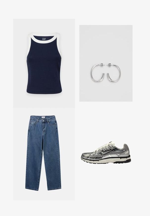 GAP MOD RIB HALTER CROP - Top - navy/white; Klasične modre jeans hlače s ravnim krojem, petimi žepi in gumbom za zapiranje. Imajo srednje pranje in trdno teksturo.; Srebrna in črna športna obutev z mrežastim in sintetičnim zgornjim delom, prostornim dizajnom in teksturiranim zaključkom. Ima podložen ovratnik in gumijast podplat.; Srebrne obročaste uhane z gladko, sijočo površino. Zaobljena oblika, lahka zasnova, z zapiranjem na zatič.