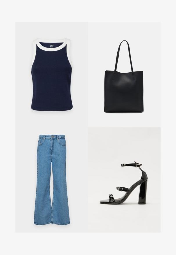 GAP MOD RIB HALTER CROP - Top - navy/white; Light blue flared jeans made of denim, featuring a high waist, five pockets, and a single button closure. Soft texture with faded finish.; Black patent heeled sandals with a square toe, ankle straps, and silver buckles. Features a chunky block heel for stability.; Black leather tote bag with smooth texture, rectangular shape, and two long handles. No visible hardware or embellishments.