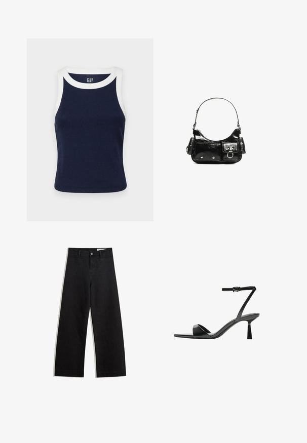 GAP MOD RIB HALTER CROP - Top - navy/white; Black wide-leg denim pants with a high waist, featuring front and back pockets, stitched seams, and a button closure. Smooth texture.; Bershka High heeled sandals - black; Black patent leather handbag with a curved shape, one shoulder strap, front pockets, and silver-tone hardware accents.