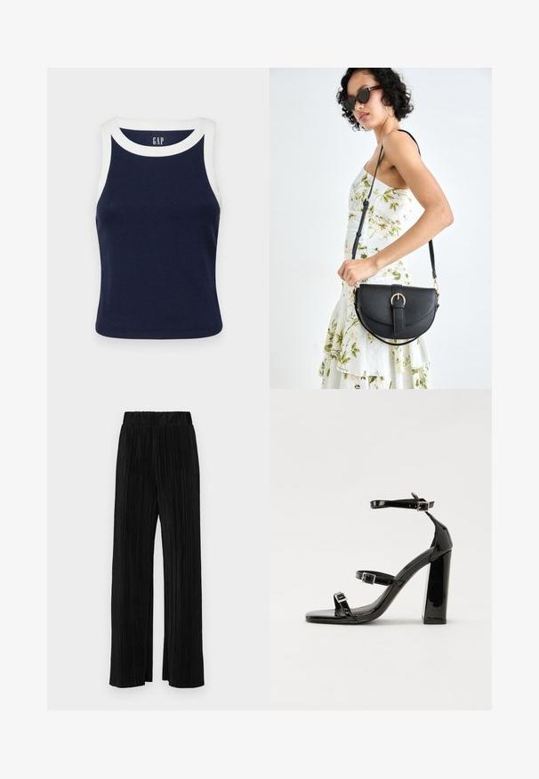 GAP MOD RIB HALTER CROP - Débardeur - navy/white; Pantalons plissés noirs avec une taille élastique. Présente des jambes larges et un tissu lisse texturé avec des rayures verticales.; Sandales à talons vernies noires avec un bout carré, des sangles autour de la cheville et des boucles en argent. Dotées d'un talon bloc épais pour plus de stabilité.; Sac à main en cuir noir avec une forme courbée, bandoulière amovible et des accessoires en or. Le sac est doté d'un rabat avec un détail de boucle.