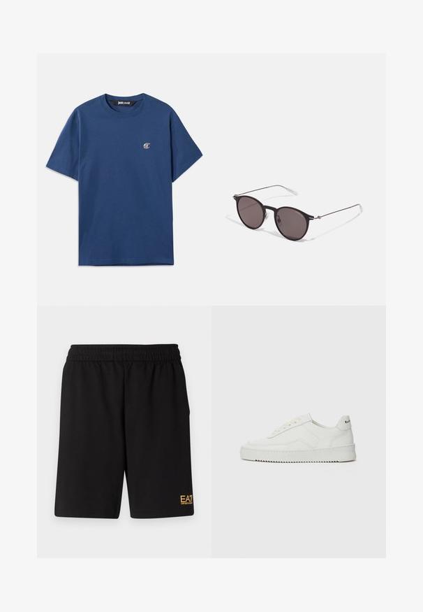 Tumši zils kokvilnas T-krekls ar apaļu kaklu, īsām piedurknēm un mazu ovālu logotipu uz kreisā krūts. Gluda tekstūra, ikdienas piegriezums.; Melnas sporta šortus, kas izgatavoti no mīksta auduma, ar elastīgu jostu un mazu dzeltenu EA7 logo zem kreisā kājas stūra.; Baltas ādas sneakers ar gludu virsmu, apaļu pirkstu daļu, plakaniem šņorēm un teksturētu zoli. Satur diskrētu logotipu uz papēža.; Melni apaļi saulesbrilles ar tumšiem lēca un plānām metāla stangām. Iekļautas caurspīdīgas tempļu galviņas un sudraba akcenti pie eņģes. Minimalistisks dizains.