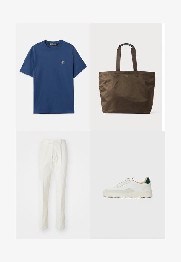 Marineblå bomull T-skjorte med rund hals, korte ermer og en liten oval logo på venstre bryst. Glatt tekstur, ledig passform.; Hvite bukser laget av bomull, med rett ben-design, flat front og uten synlige mønstre eller metallkomponenter. Glatt tekstur.; Hvit sneakers med semsket detaljer, rund tå, flate snøringer og en kremfarget gummisåle. Har grønn merking på hælen.; Brun nylon tote bag med to stoffhåndtak og en glatt tekstur. Har minimal merking på forsiden.
