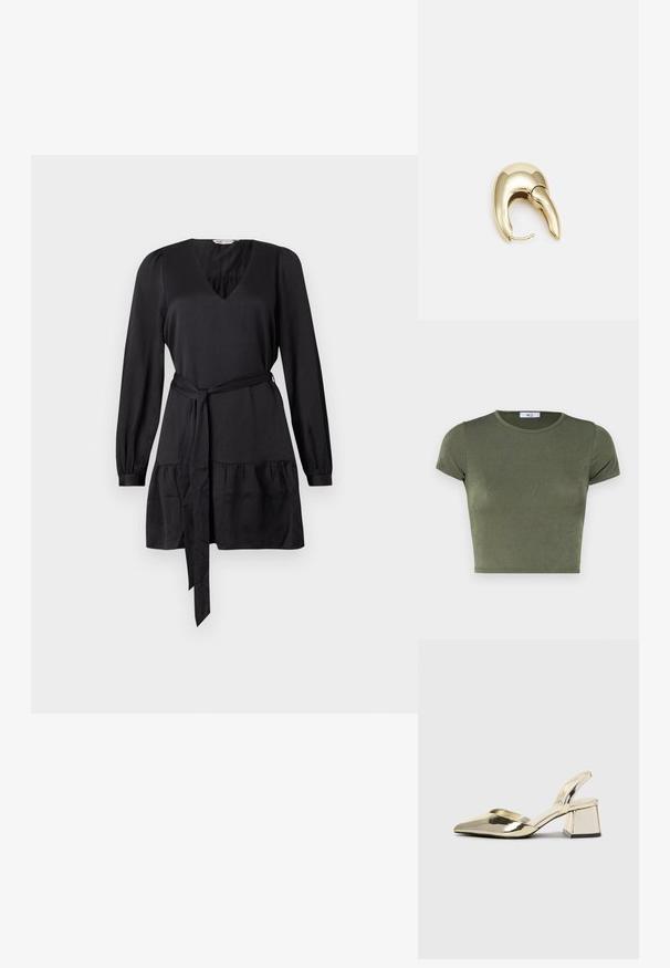 Top corto de manga corta en verde olivo con un cuello redondo, hecho de una tela texturizada, con un diseño ajustado y costuras mínimas.; Vestido negro con escote en V, mangas largas y cinturón anudado. Presenta un volante fruncido en el dobladillo para mayor textura. Acabado de tela suave.; Tacones slingback metálicos dorados con punta afilada y tacón grueso. Textura suave, diseño minimalista y una correa estrecha.; Bolso de piel negra con forma curva, correa desmontable y herrajes dorados. El bolso cuenta con una solapa con un detalle de hebilla.; Pendiente de metal en tono dorado con un diseño elegante y curvado. Presenta una forma puntiaguda distintiva, superficie pulida y cierre de bisagra.