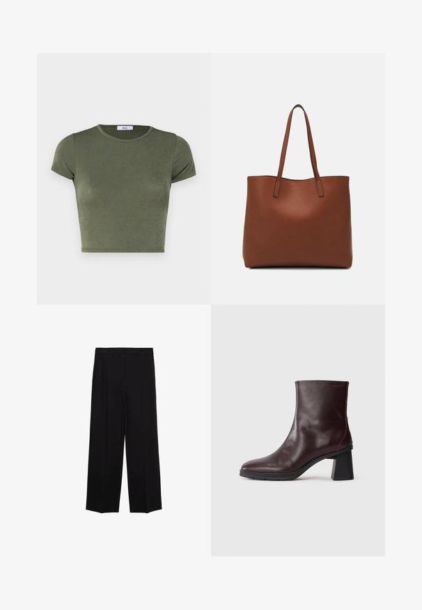 Oliwkowy krótki top z krótkim rękawem i okrągłym dekoltem, wykonany z materiału o teksturowanej powierzchni, charakteryzujący się dopasowanym krojem i minimalną ilością szwów.; Czarne spodnie o szerokich nogawkach z gładkiego materiału, z plisami z przodu i bocznymi kieszeniami, zaprojektowane w prostym, luźnym kroju.; Ciemnobrązowy skórzany botek sięgający kostki z blokowym obcasem i okrągłym noskiem, wyeksponowany na jednolitym jasnoszarym tle.; Brązowa skórzana torba tote o gładkiej fakturze, z otwartym wierzchem i dwoma ramiączkami. Charakteryzuje się minimalnym przeszyciem i brakiem widocznych elementów metalowych.