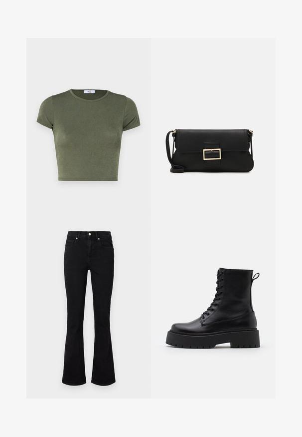 Olive green short-sleeve crop top with a round neckline, made of textured fabric, featuring a fitted design and minimal seams.; Black flared jeans made of denim, featuring a mid-rise waist, front pockets, and button closure. Smooth texture with minimal stitching details.; Black leather ankle boots with a round toe, lace-up front, and a thick rubber sole featuring a textured tread. Pull tab at the back.; Black leather clutch bag with a flap and a gold metal buckle detail. Includes a black strap and a sleek, minimalist design.