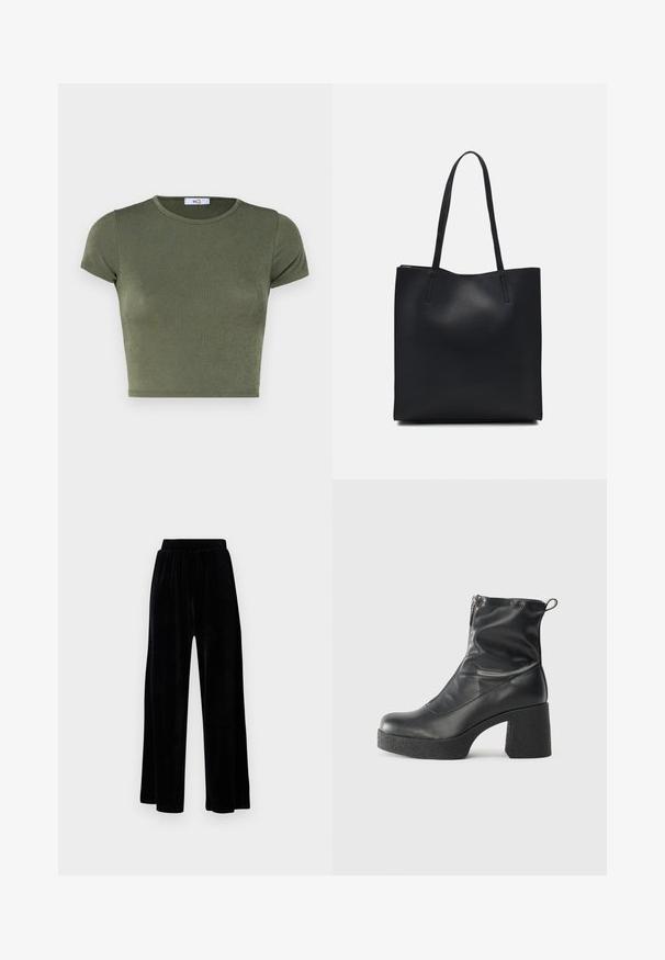 Olivovo zelený kratučký top s krátkym rukávom a okrúhlym výstrihom, vyrobený z textúrovanej látky, s priliehavým strihom a minimálnymi švami.; Čierne široké nohavice zo soft velvetu, s elastickým pásom a hladkou textúrou, bez viditeľných detailov alebo vzorov.; Čierne členkové topánky z hladkej kože, so bočným zipsom, robustnou textúrovanou pätnou časťou a zaobleným dizajnom špičky.; Čierna kožená taška na rameno s hladkým povrchom, obdĺžnikovým tvarom a dvoma dlhými uchami. Bez viditeľného kovania alebo ozdôb.