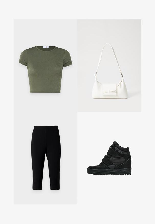 Maslinasto zeleni kratki crop top s kratkim rukavima i okruglim izrezom, izrađen od teksturiranog materijala, s prilagođenim dizajnom i minimalnim šavovima.; Crne capri hlače od rastezljivog materijala, s prilagođenim dizajnom koji završava neposredno ispod koljena, s glatkom teksturom i bez vidljivih šavova.; Crne visoke tenisice napravljene od antilopa i mrežastog materijala, s Velcro trakama, glatkom završnom obradom i teksturiranom gumenom potplatom za prianjanje.; Bijela sintetička torbica s trokutastim oblikom, ravnim prednjim poklopcem i detaljem u obliku mašne, podesivom remenom, glatkom teksturom i minimalističkim dizajnom.