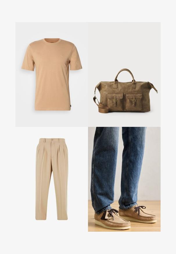 Hellbraunes Baumwoll-T-Shirt mit kurzen Ärmeln, Rundhalsausschnitt und kleinem Logo auf der linken Brust. Weicher Stoff und normale Passform.; Langärmliges Hemd mit Knöpfen aus weichem gelbem Stoff, mit strukturierter Oberfläche, Kragen und einer einzelnen Brusttasche auf der linken Seite.; Beige Faltenhose mit geradem Bein, aus glattem Stoff, mit einem Knopfverschluss und Gürtelschlaufen am Bund.; Wildleder-Mokassins in Tan mit dunkelbraunen Akzenten, runder Zehenform und weichem weißen Fußbett. Sie verfügen über ein Schnürdesign und gestickte Details.; Braune Ledertasche mit zwei Fronttaschen, verstellbarem Schulterriemen, goldfarbenen Beschlägen und stabilen oberen Griffen. Glatte Textur.