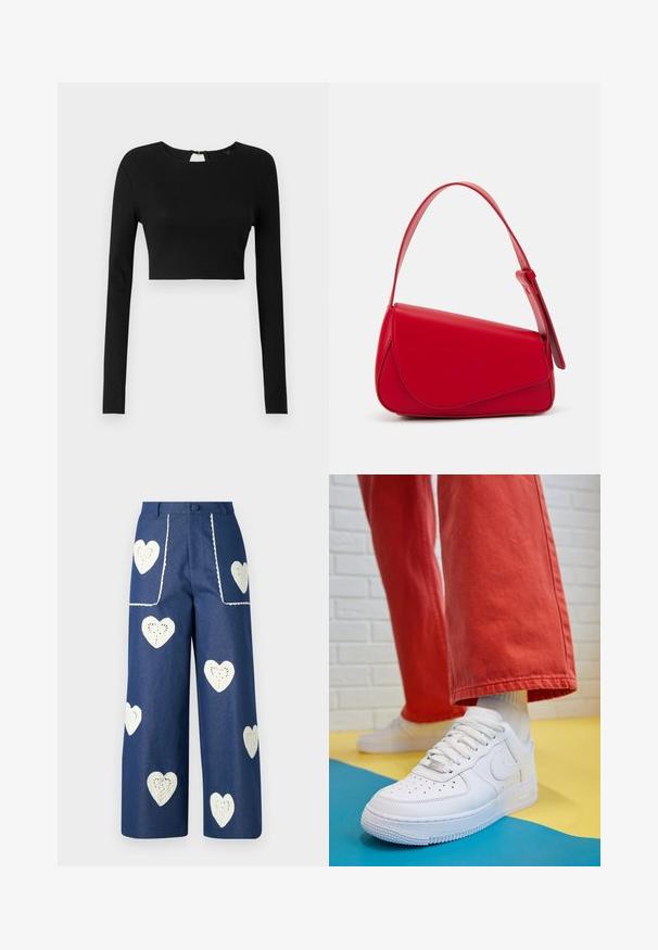 Juodas ilgomis rankovėmis trumpas viršus, pagamintas iš raukšlėtos medžiagos. Turi apvalų iškirpimą ir mažą skylutę gale su užtrauktuku.; Sister Jane HEART TO HEART - Tiesaus kirpimo džinsai - blue denim; Baltos odinės kedų sportbačiai su perforuotu pirštu, tekstūruota pado dalimi ir baltais raišteliais, derinami su plačiomis raudonomis kelnėmis ir mėlynos bei geltonos spalvų fono kompozicija.; Raudona odinė rankinė su kampuota, geometrine forma. Pasižymi viena reguliuojama dirželiu ir dangteliu su siuvinėtais dekoracijomis.