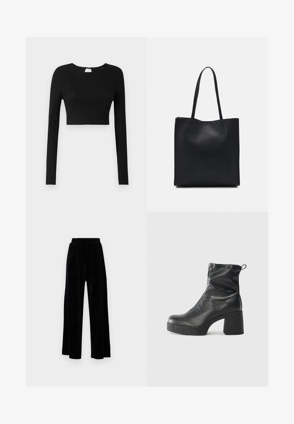 Camisola cropped de mangas longas preta, confeccionada em tecido canelado. Apresenta um decote redondo e uma pequena abertura em forma de gota nas costas com um fecho.; Calças largas pretas feitas de veludo suave, com um cós elástico e uma textura lisa, sem detalhes ou padrões visíveis.; Botas de tornozelo pretas feitas de couro liso, com fecho lateral, salto grosso texturizado e design de bico arredondado.; Bolsa tote preta em couro com textura lisa, forma retangular e duas alças longas. Sem hardware ou enfeites visíveis.