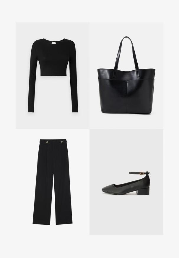 Black long-sleeve crop top made from ribbed fabric. Features a round neckline and a small keyhole opening at the back with a zipper.; Black wide-leg trousers with high waist, button details on waistband, and front pleats.; Black leather pump with a pointed toe and a low block heel. Features an ankle strap with a gold-tone buckle. Smooth texture.; Black leather tote bag with two long handles, a smooth texture, and a structured shape. Features a front pocket for additional storage.