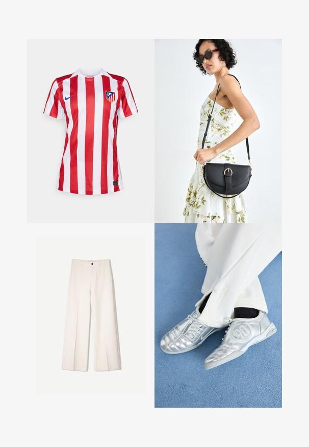 Rød og hvid stribet fodboldtrøje med V-hals, prydet med et blåt Nike-logo og en klubkrone på venstre bryst. Fremstillet af åndbart stof.; Cremefarvede bukser med bred benvidde og skræddersyet design, der har to forlommer og en enkelt frontknaplukning, lavet af et glat stof.; Sølv athletic sko med en glat, skinnende finish, der har et syet design og nummer 90 på siden, parret med hvide bukser.; Sort læderhåndtaske med en buet form, aftagelig rem og guldfinish. Tasken har en klap med en spænde detalje.