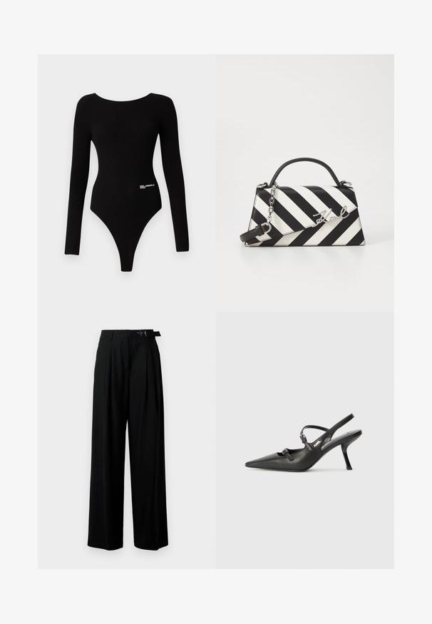 Melns garām piedurknēm bodijs, izgatavots no ribotā materiāla, ar apaļu dekoltē un augstu izgriezumu. Balts "Karl Lagerfeld Jeans" logotips.; Melni plaši bikses ar augsto jostasvītru, priekšā ar krokojiem un jostu ar sprādzi. Izgatavotas no gludas, vieglas auduma.; Melnas ādas slingback papēži ar norādītu purngalu, izsmalcinātu papēdi un dekoratīvu sprādzi uz priekšpuses. Gluda tekstūra un elegants dizains.; Melnām un baltām svītrām rotāta rokassoma ar strukturētu formu, ar augšējo rokturi, noņemamu ķēdes siksnu un metāla logotipa akcentu.