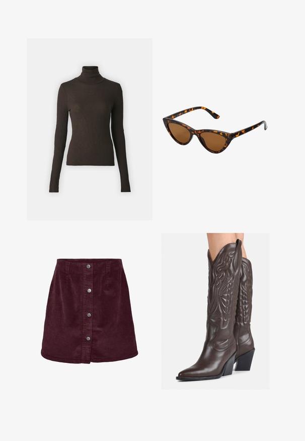 Samsøe Samsøe SONNET - Camisola - chocolate torte; Saia mini em veludo cotelê burgundy com formato em A, apresentando cinco botões prateados na parte da frente e uma textura rib alta discreta.; Botas de cowboy em couro castanho com bico pontudo e salto quadrado, apresentando costuras detalhadas e realces elevados no cano.; Óculos de sol estilo gato com uma armação em tartaruga preta e laranja, lentes castanhas e pontas elegantes e pontiagudas. Apresenta um logo minimalista na haste.