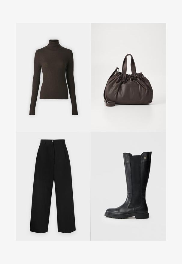 Samsøe Samsøe SONNET - Maglione - chocolate torte; Pantaloni neri a gamba larga con frontale piatto, due pieghe, chiusura con un bottone e una trama liscia. Nessuna tasca visibile.; Stivale in pelle nera al ginocchio con pannelli laterali elastici, punta rotonda, suola spessa e piccolo logo decorativo sul lato esterno.; Samsøe Samsøe SAEMMI MIDI BAG - Borsa a mano - dark brown