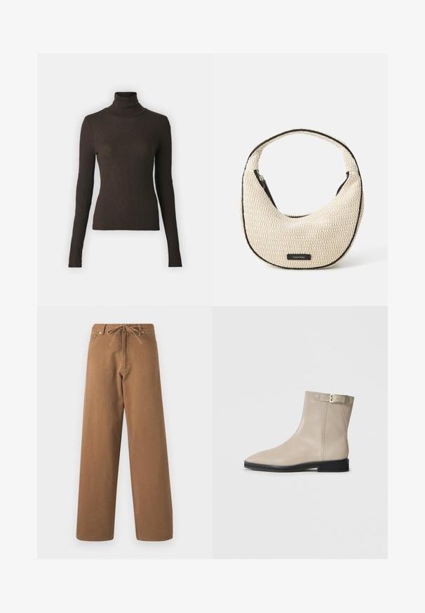 Samsøe Samsøe SONNET - Strikkegenser - chocolate torte; Brune brede bukser laget av bomull, med snor i midjen og to fron lommer. Teksturert stoff med en glatt overflate.; Beige skinnankelstøvlett med spiss tå, svart såle, lav hæl og gullspenne på yttersiden, vist på hvit bakgrunn.; Beige vevd skulderveske med en buet form og svart kant. Har glidelås på toppen og et logomerke foran.