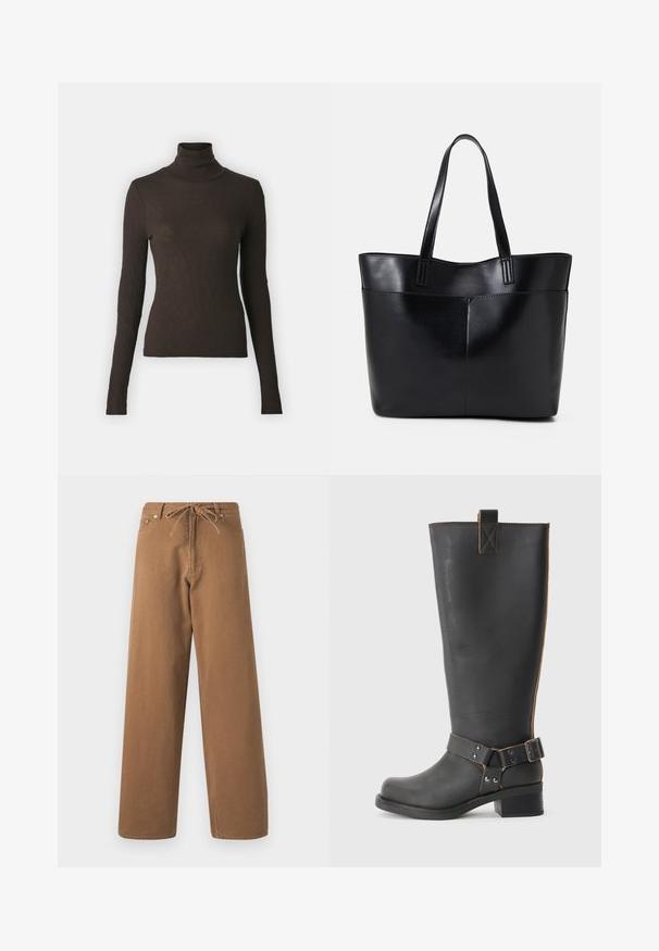 Samsøe Samsøe SONNET - Strickpullover - chocolate torte; Braune weit geschnittene Hosen aus Baumwolle, mit einem Kordelzugbund und zwei Fronttaschen. Strukturiertes Gewebe mit glatter Oberfläche.; Schwarze Leder-Stiefel bis zum Knie mit strukturiertem Finish, seitlichem Schnallenakzent und niedrigem Absatz. Detaillierte Steppnähte entlang der Nähte.; Schwarze Leder-Shopper-Tasche mit zwei langen Griffen, einer glatten Textur und einer strukturierten Form. Verfügt über eine Vordertasche für zusätzlichen Stauraum.
