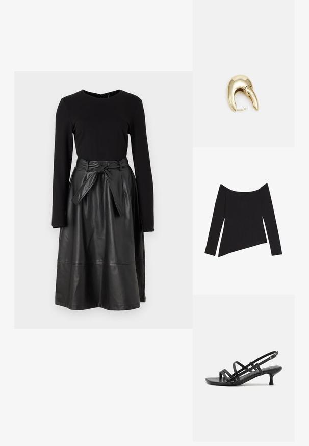 Juoda ilgaūgio viršutinė dalis be petnešų su banguota tekstūra ir asimetriniu apvadu, demonstruojanti prigludusį dizainą ir švelnią medžiagą.; Juodas ilgas rankovės marškinėlis, derinamas su juoda dirbtinės odos sijonu, turinčiu surišamą juosmenį ir lygią, blizgią tekstūrą.; Juodos aukštakulnės šlepetės su keliais perrištomis juostelėmis. Lygi medžiaga, smailas nosis ir siauras kulnas. Reguliuojama kulkšnies juostelė su sagtimi.; Aukso tono metalinės auskarai su stilingu, kreiviu dizainu. Išsiskiria ryškiu smailiu pavidalu, poliruota paviršiumi ir užsegimu su vyriu.