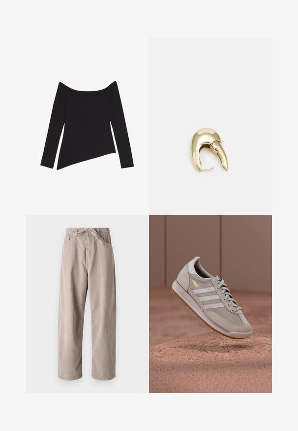 Must have-seljas, millel on must off-the-shoulder disain, pikad varrukad, ribakujuline tekstuur ja asümmeetriline äärejoon, esitleb liibuvat lõiget ja pehmet kangast.; Beige kammkootud püksid, millel on mugav lõige, paelaga vöökoht, kaks eesmist taskut ja vertikaalne soonik tekstuur.; Beežid tossud seemisnahast ja võrgust pealisega, valged kolm triipu, kummisest pruunid tallad, sinised paelad ja kuldse aktsendiga logo. Klasuurne retrodisain.; Kuldtooni metallist kõrvarõngas, millel on elegantne ja kaarjas disain. Omab silmapaistvat teravat kuju, poleeritud pinda ja hingesulgemist.