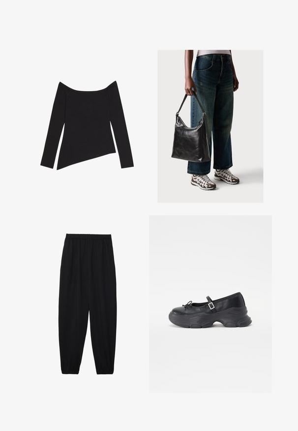 Schwarzes, schulterfreies Langarmoberteil mit gerippter Textur und asymmetrischem Saum, das ein enganliegendes Design und einen weichen Stoff zeigt.; Schwarze, leichte Hosen mit einem elastischen Bund und gerafften Knöcheln. Der Stoff ist glatt und hat ein entspanntes, schmal zulaufendes Design.; Schwarze Leder-Mary-Jane-Schuhe mit einer abgerundeten Zehenpartie, Schleifendetail und verstellbarem Knöchelriemen. Mit einer stabilen Gummisohle mit geschwungenen Akzenten.; Schwarze Leder-Schultertasche mit glatter Textur und verstellbarem Riemen, kombiniert mit ausgewaschenen weit geschnittenen Jeans und sportlichen Sneakern.