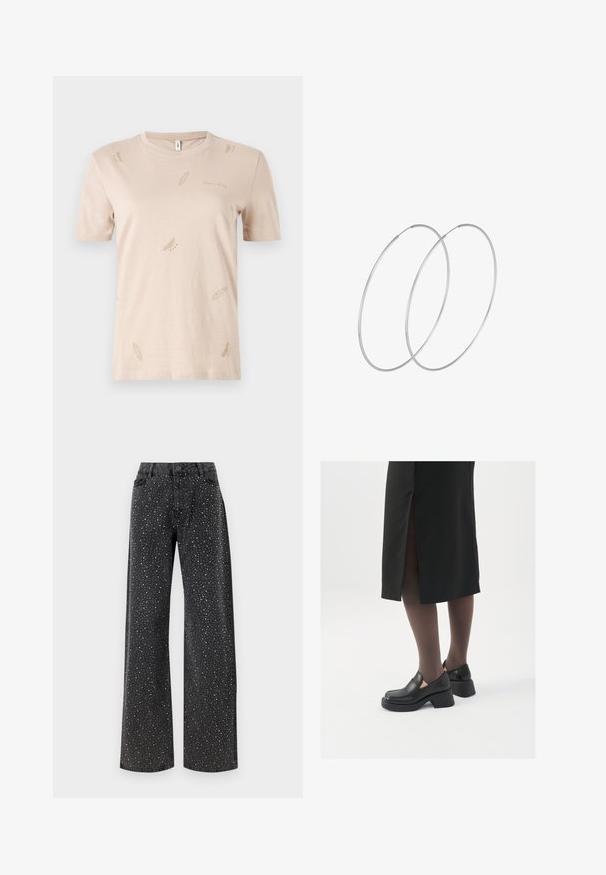 Beige katoen T-shirt met een ronde hals. Heeft kleine, subtiele veerpatteren in een lichtere tint. Korte mouwen, reguliere pasvorm.; Noisy May NMJANNEL LOOSE - Relaxed fit jeans - black denim; Zwarte leren schoenen met een ronde neus, dikke blokhak en elastische zijkanten, gecombineerd met donkere panty's en een zwarte rok met een split.; Zilveren hoepel oorbellen met een minimalistisch ontwerp. Cirkelvormig, gladde textuur en dun profiel. Lichtgewicht met een gepolijste afwerking.
