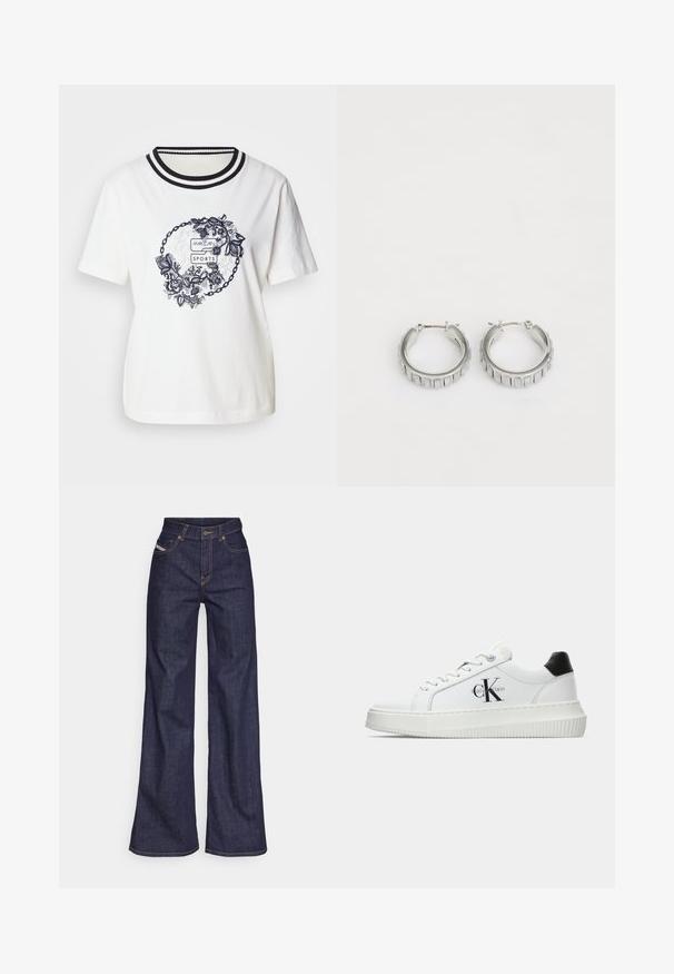 Bela bombažna majica s krožnim cvetličnim vzorcem v mornarsko modri barvi, z rebrastim ovratnikom v črno-belih črtah. Kratke rokave, sproščen kroj.; Temno modri široki kavbojke iz denima z visokim pasom, ki imajo oranžne šive, pet žepov in gumba za zapiranje.; Bele nizke superge z črnim hrbtnim delom, platformo, vezalkami in Calvin Klein "CK" logotipom na strani.; Srebrni obroči s teksturiranim dizajnom, ki vsebuje navpične rebraste vzorce. Krožna oblika z varnim zapiranjem na zaponko. Gladek zaključek.