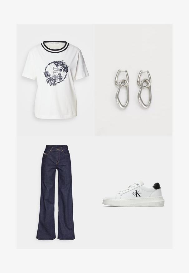 Fehér pamut póló, kerek virágmintával tengerészkék színben, fekete-fehér csíkos bordázott nyakkal. Rövid ujjú, laza fazonú.; Sötétkék, bő szárú farmernadrág, magas derékkal, narancssárga varrással, öt zsebes kialakítással és gombos zárással.; Fehér alacsony szárú edzőcipő fekete saroktabbal, platform talppal, fűzőkkel és Calvin Klein "CK" logóval az oldalán.; Calvin Klein STATEMENT LINKS - Fülbevalók - silver-coloured