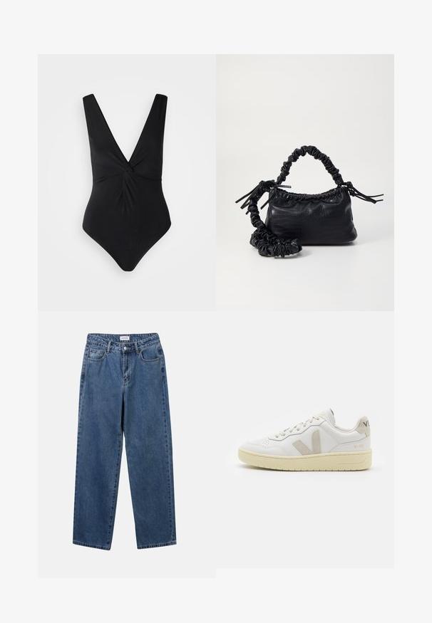 Čierny jednodielny plavky s hlbokým výstrihom do V, širokými ramienkami a skrúteným predným dizajnom. Vyrobené z hladkej, elastickej tkaniny.; Klasické modré džínsy z denimu so strihom rovného strihu, piatimi vreckami a zapínaním na gombík. Majú stredné praním a pevnú textúru.; Biele kožené tenisky s béžovými semišovými akcentmi, perforovanou špičkou, plochými šnúrkami a textúrovanou krémovou podrážkou. Obsahujú jemné označenie na päte.; Čierna umelá kožená kabelka s kroko vzorom, sťahovaným vrchom a zhnutým popruhom. Vyzerá mäkko a kompaktné v dizajne.