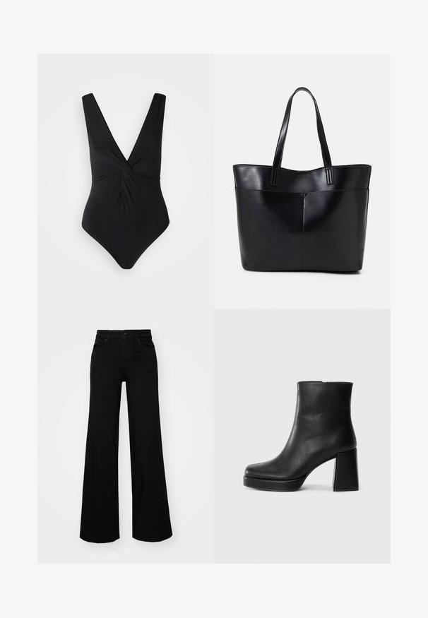 Bañador negro de una pieza con un escote en V profundo, tirantes anchos y un diseño frontal retorcido. Hecho de una tela suave y elástica.; Pantalones de mezclilla de pierna ancha y color negro, con una cinturilla estructurada, pasadores para cinturón y bolsillos frontales. Textura suave con un diseño clásico.; Botín de cuero negro con tacón cuadrado y suela de plataforma, visto de lado sobre un fondo blanco liso.; Bolso tote de cuero negro con dos asas largas, textura suave y forma estructurada. Cuenta con un bolsillo frontal para almacenamiento adicional.